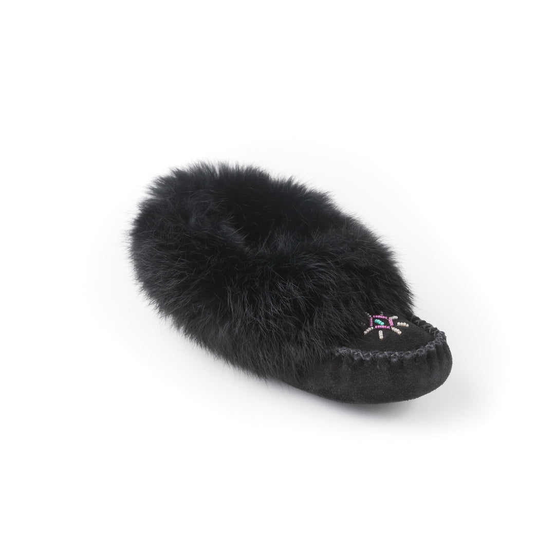 Mocassin femme en suède noir avec frange de lapin Tänionnienha&