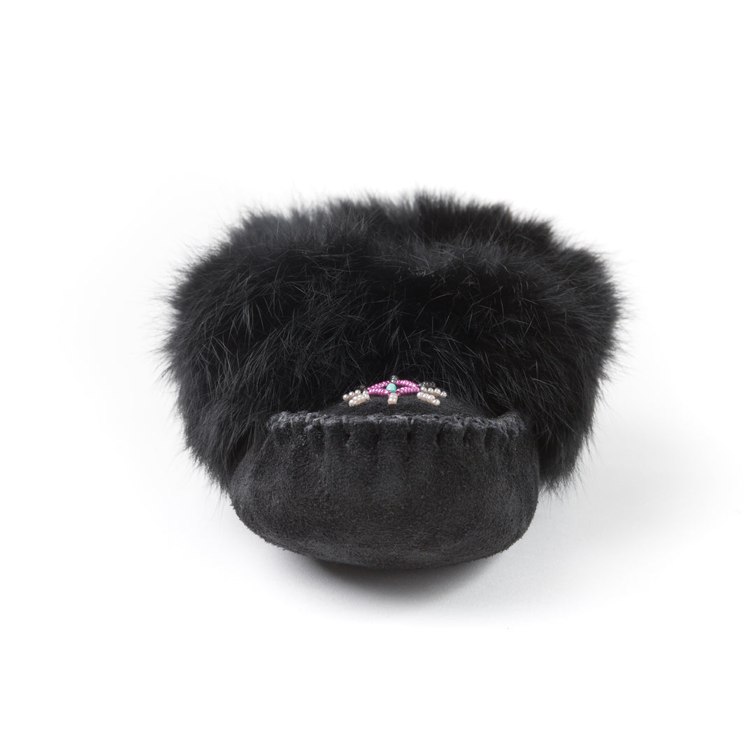 Mocassin femme en suède noir avec frange de lapin Tänionnienha&