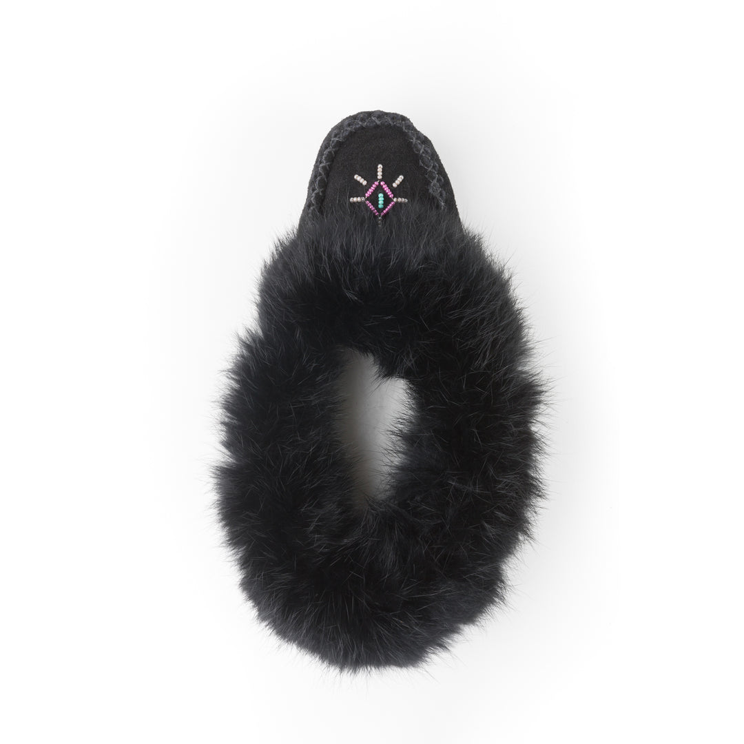 Mocassin femme en suède noir avec frange de lapin Tänionnienha&