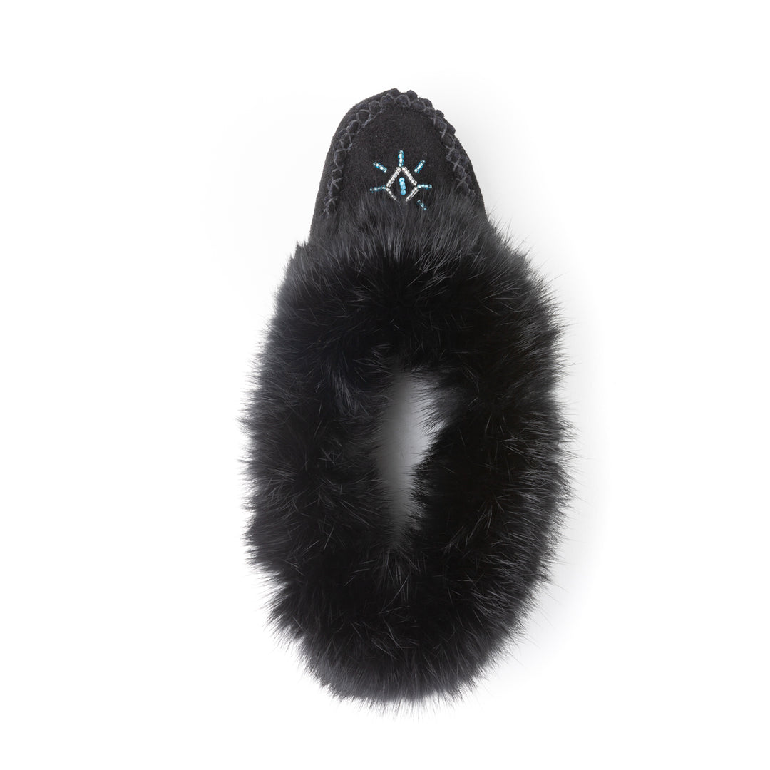 Mocassin femme en suède noir avec frange de lapin Tänionnienha&