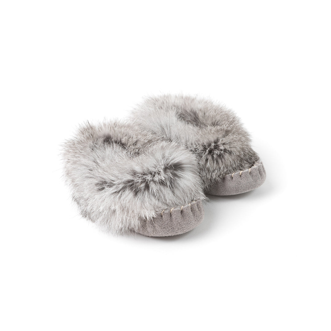 Mocassin bébé en suède avec frange de lapin YARËNDA’ (ROCHE)